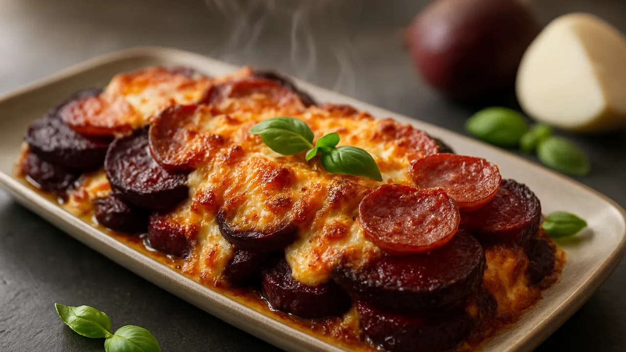 Rote Bete-Mozzarella-Auflauf aus dem Airfryer mit Rote Bete und Mozzarella, auf dunklem Schiefer angerichtet.