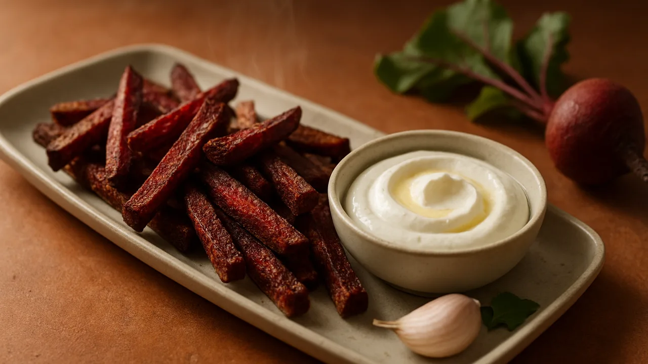 Rote-Bete-Pommes mit Joghurt-Dip aus dem Airfryer mit Rote Bete und Naturjoghurt, auf Terracotta-Fliesen angerichtet.