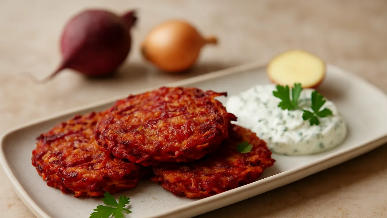 Rote-Bete-Puffer mit Kräuterquark aus dem Airfryer mit Rote Bete und Kartoffel, auf beigem Marmor angerichtet.