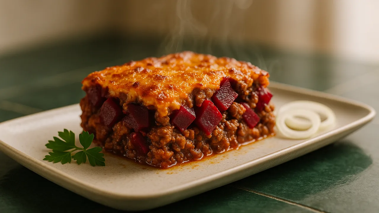 Rote Bete-Rinderhackfleisch Auflauf aus dem Airfryer mit Rinderhackfleisch und Rote Bete, auf dunkelgrünen Fliesen …