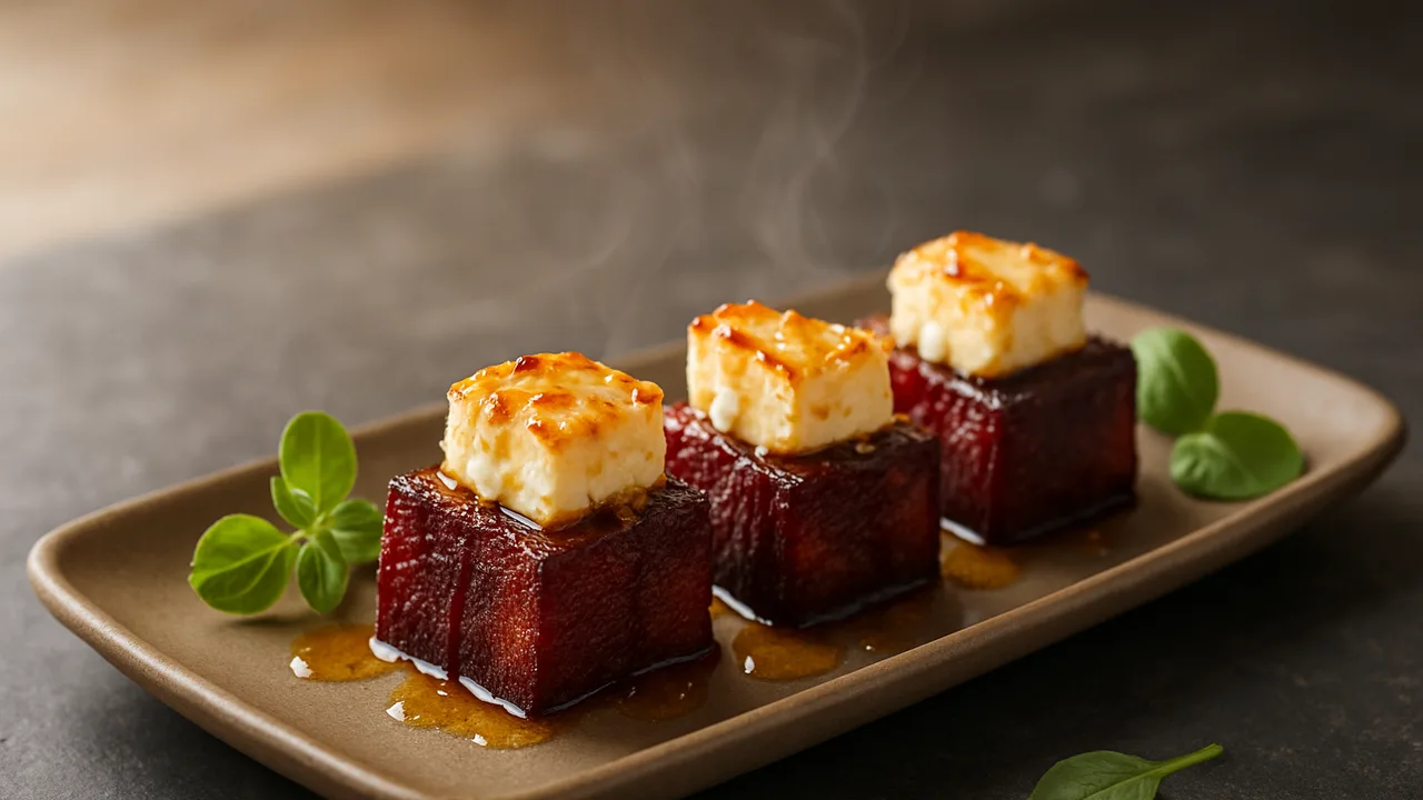 Rote-Bete-Würfel mit Feta und Honig aus dem Airfryer mit Rote Bete und Feta, auf dunklem Schiefer angerichtet.