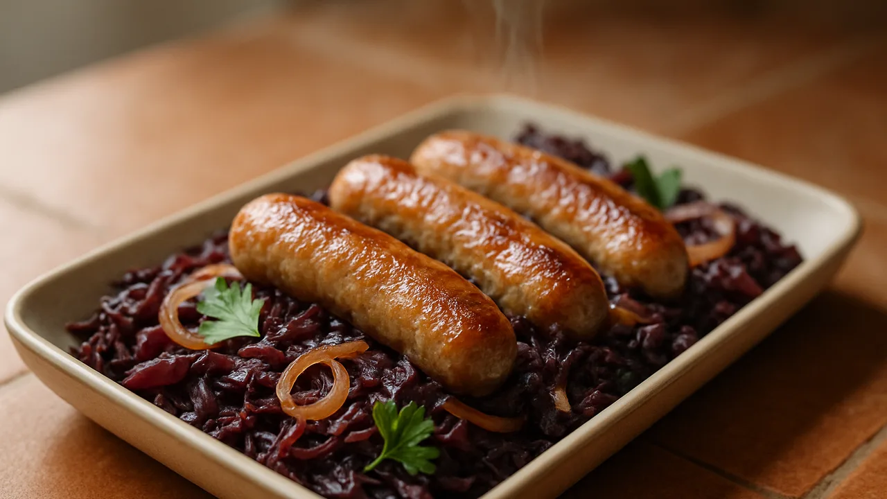 Rotkohl-Bratwurst Auflauf aus dem Airfryer mit Bratwürste und Rotkohl, auf Terracotta-Fliesen angerichtet.
