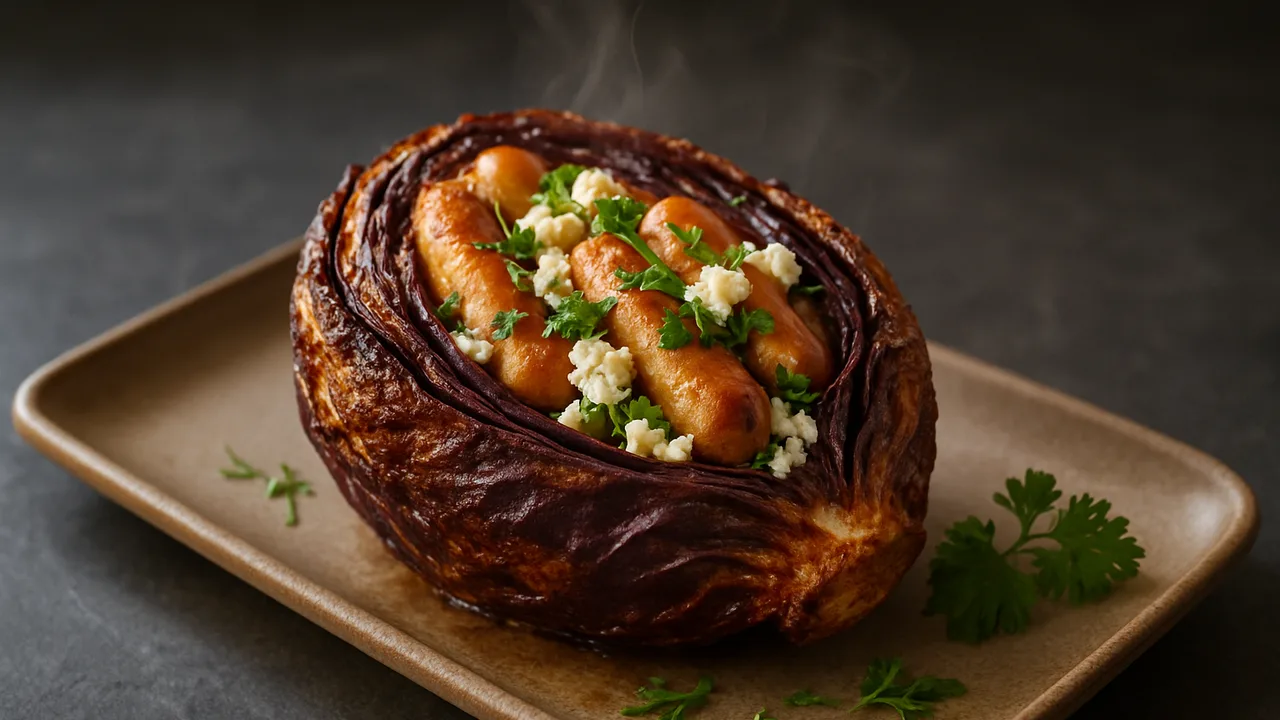 Rotkohl gefüllt mit Wiener Würstchen und Kräutern aus dem Airfryer mit Rotkohl und Wiener Würstchen, auf dunklem Schiefer …
