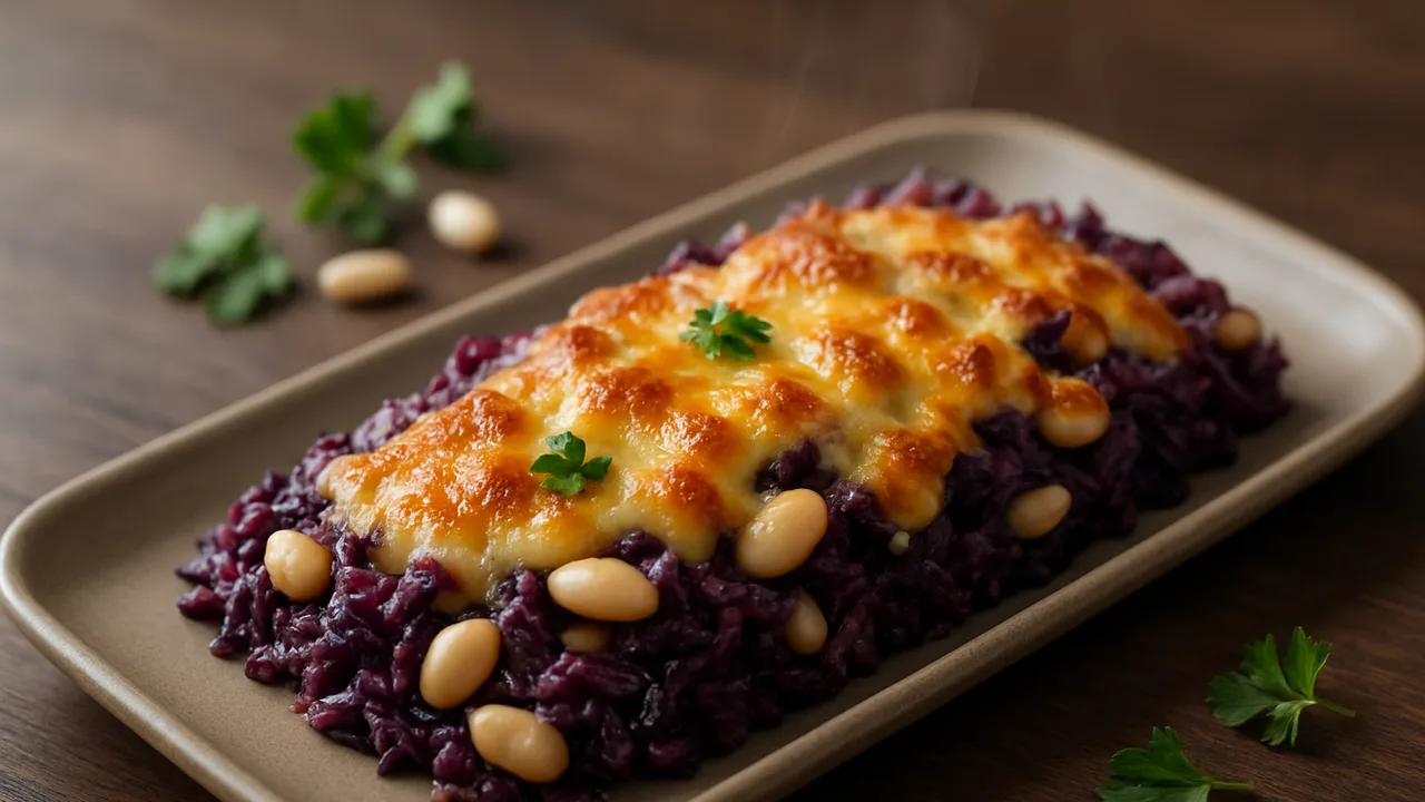 Rotkohl-Gouda-Auflauf aus dem Airfryer mit Rotkohl und Weiße Bohnen, auf dunklem Walnussholz angerichtet.