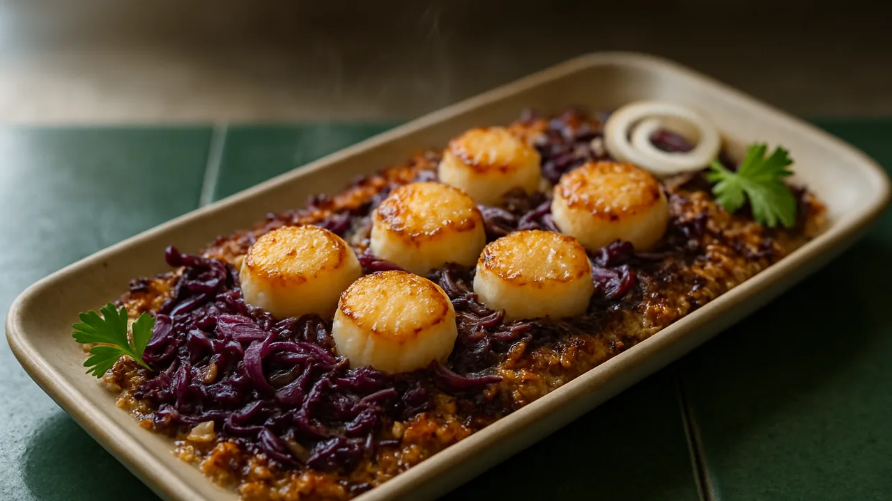 Rotkohl-Jakobsmuscheln Auflauf aus dem Airfryer mit Jakobsmuscheln und Rotkohl, auf dunkelgrünen Fliesen angerichtet.