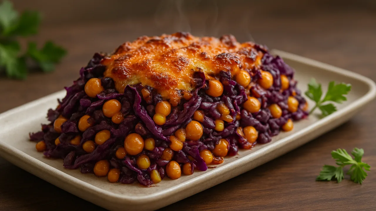 Rotkohl-Kichererbsen-Auflauf aus dem Airfryer mit Rotkohl und Kichererbsen, auf dunklem Walnussholz angerichtet.