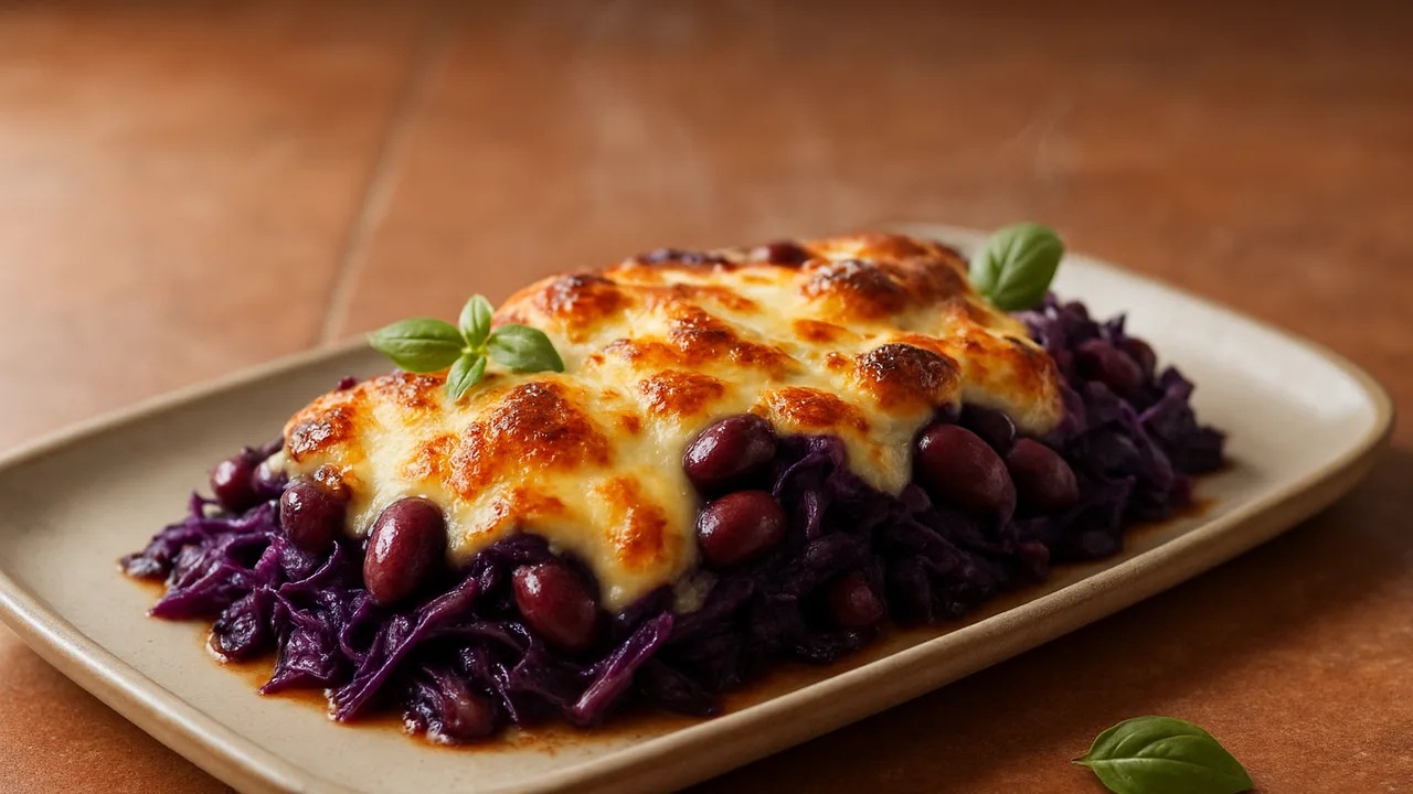 Rotkohl-Mozzarella-Auflauf aus dem Airfryer mit Rotkohl und Mozzarella, auf Terracotta-Fliesen angerichtet.