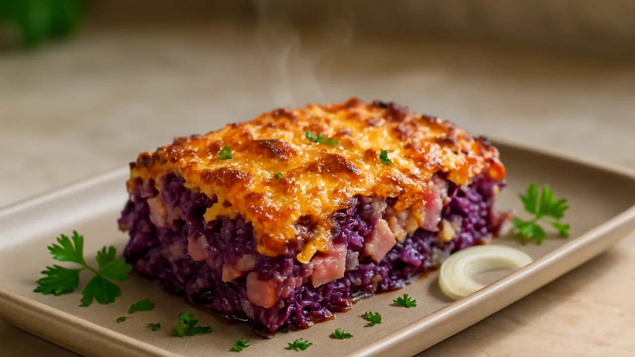 Rotkohl-Schinken Auflauf aus dem Airfryer mit Rotkohl und Kochschinken, auf beigem Marmor angerichtet.