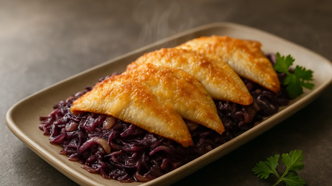 Rotkohl-Scholle-Auflauf aus dem Airfryer mit Schollenfilets und Rotkohl, auf dunklem Schiefer angerichtet.