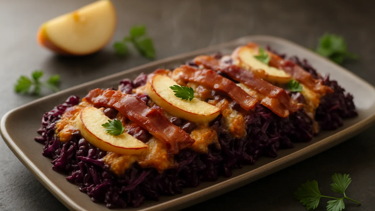 Rotkohl-Speck Auflauf aus dem Airfryer mit Rotkohl und Speckstreifen, auf dunklem Schiefer angerichtet.