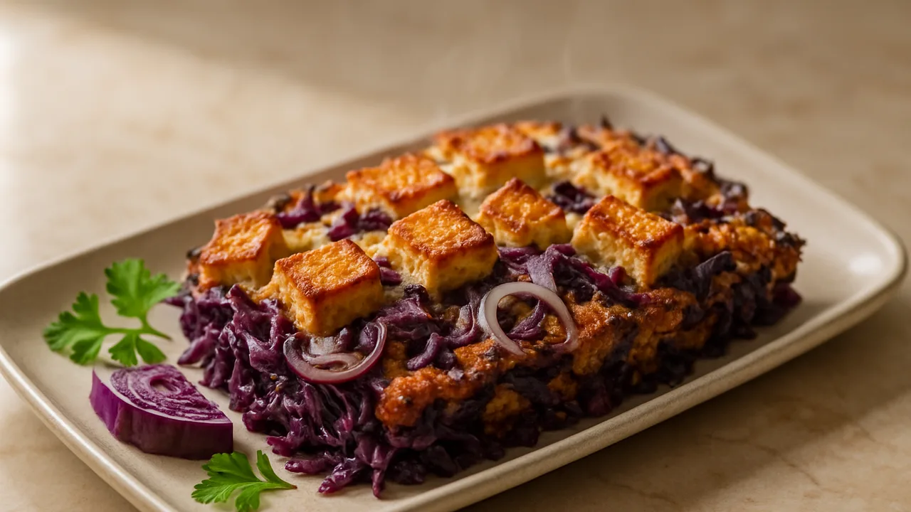 Rotkohl-Tofu Auflauf aus dem Airfryer mit Tofu und Rotkohl, auf beigem Marmor angerichtet.
