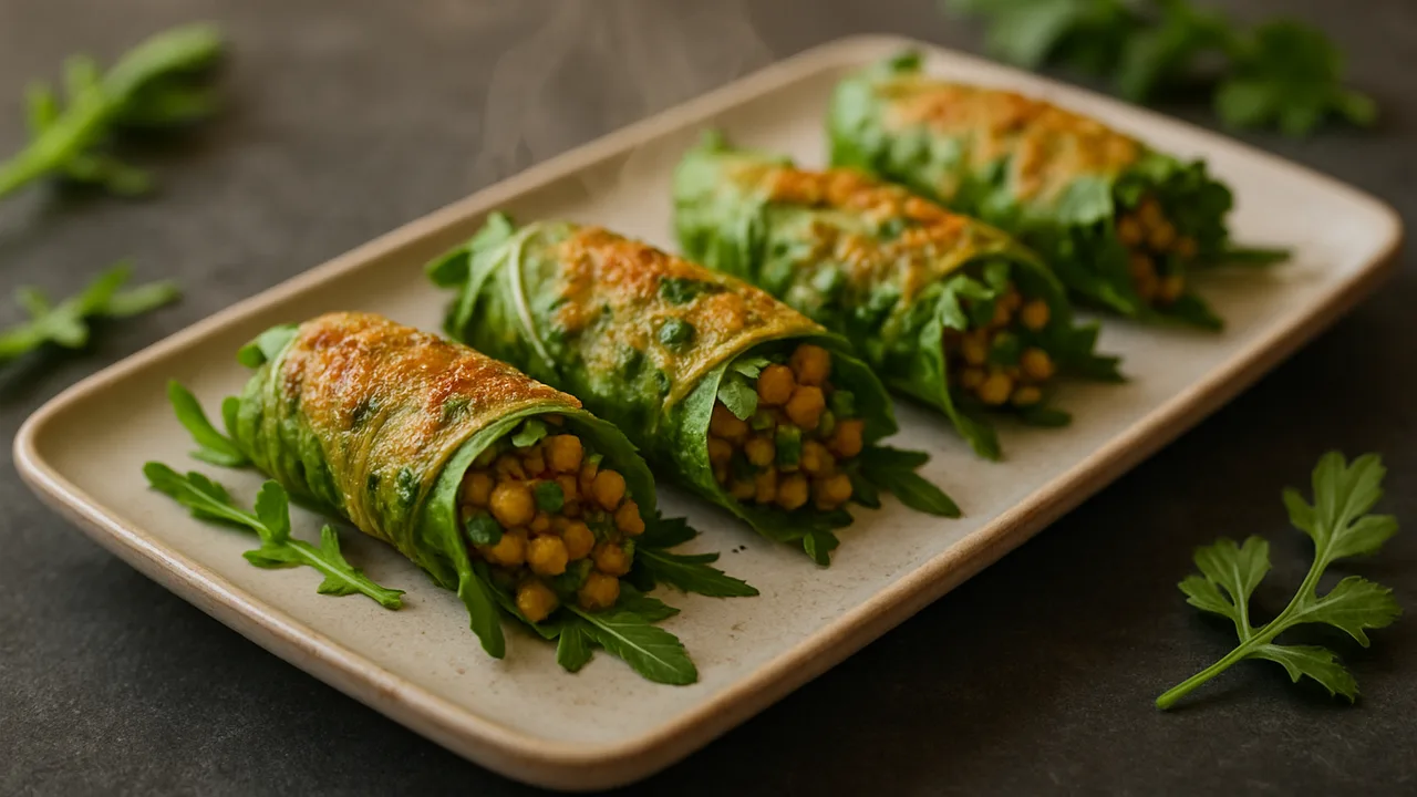 Rucola gefüllt mit Linsen und Kräutern aus dem Airfryer mit Rote Linsen und Gemüsebrühe, auf dunklem Schiefer angerichtet.