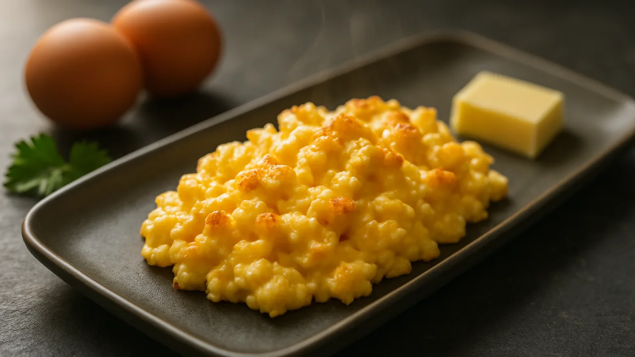 Rührei im Airfryer – cremig und fluffig mit Eier und Butter, auf dunklem Schiefer angerichtet.