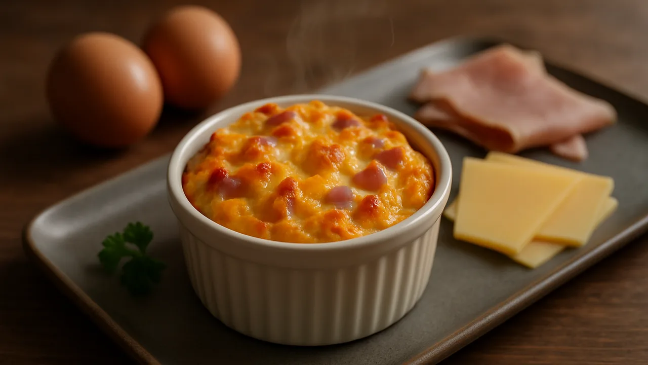 Rührei mit Schinken und Käse im Förmchen aus dem Airfryer mit Eier und Gekochter Schinken, auf dunklem Walnussholz …