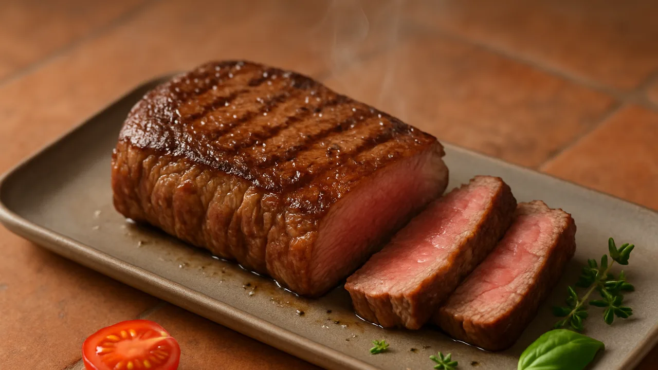 Rumpsteak im Airfryer – medium mit Rumpsteak, auf Terracotta-Fliesen angerichtet.