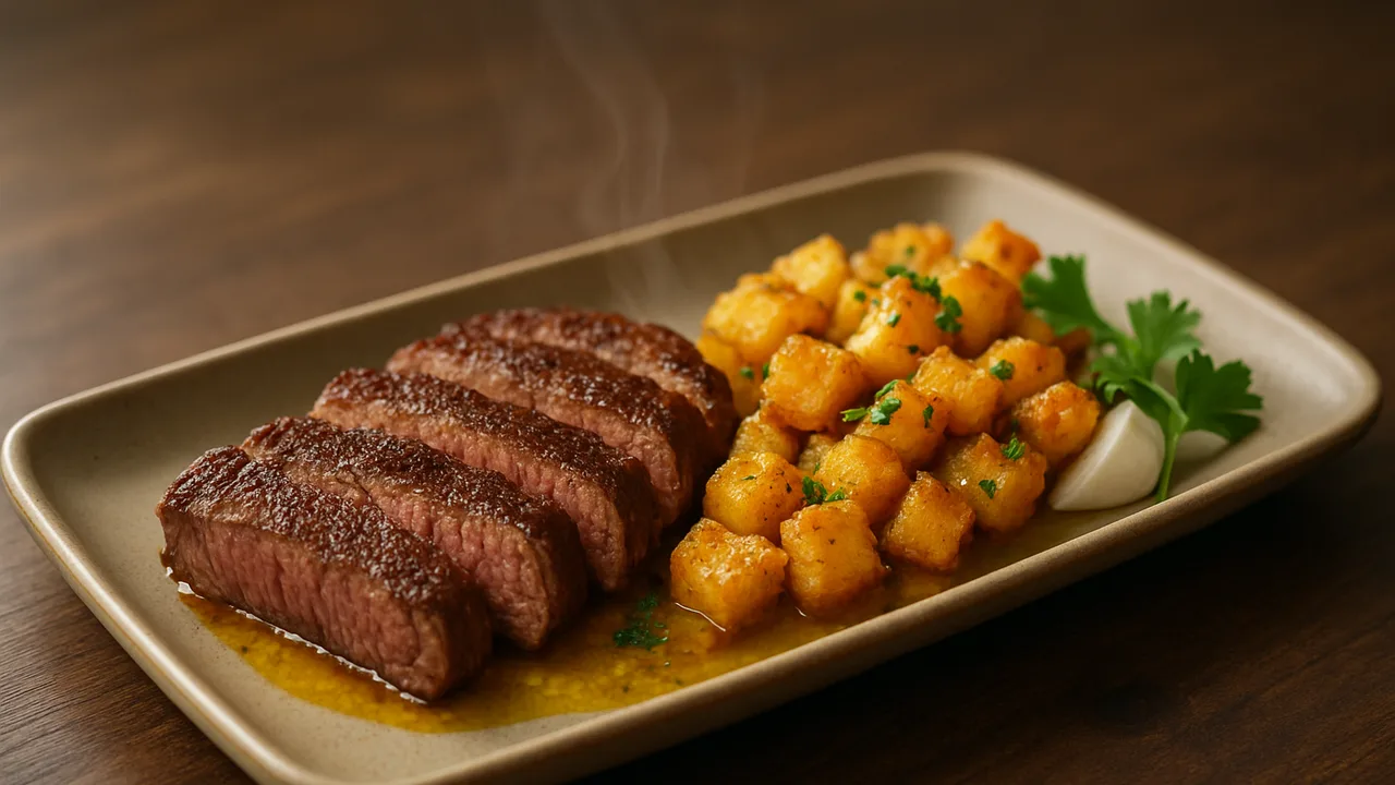 Rumpsteak Curry mit Sellerie aus dem Airfryer mit Rumpsteak und Knollensellerie, auf dunklem Walnussholz angerichtet.
