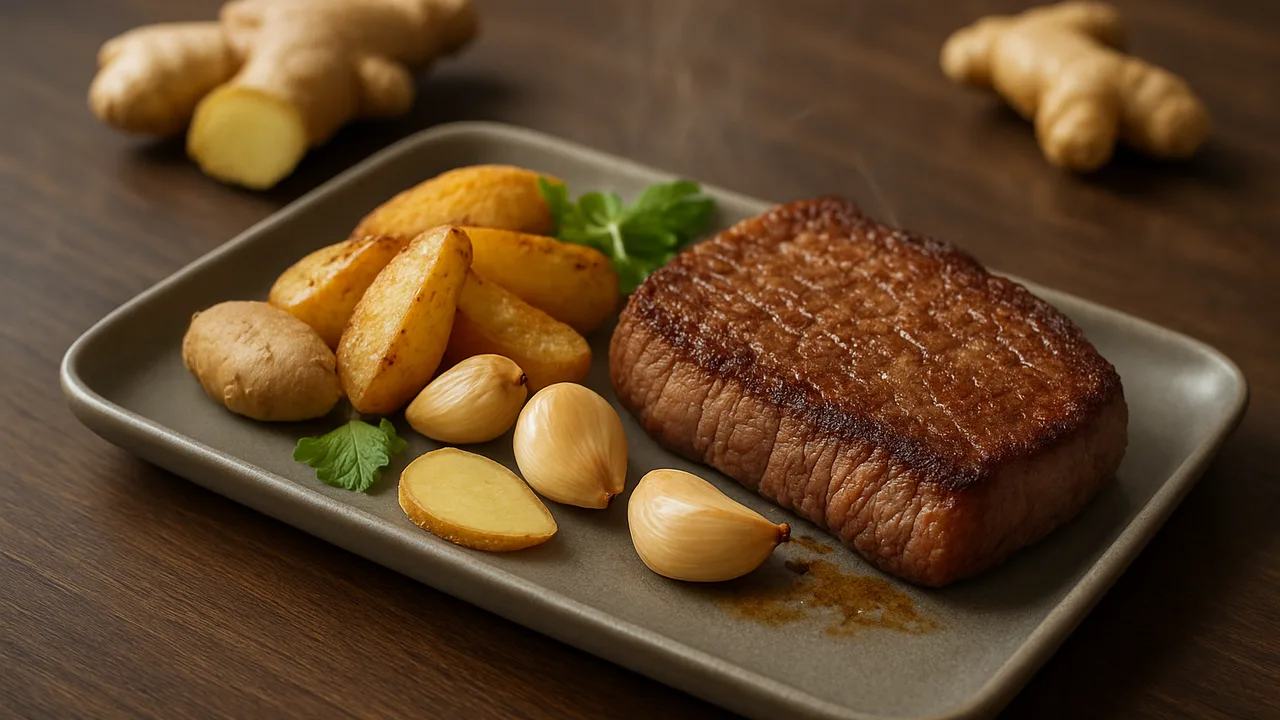 Meal-Prep Rumpsteak mit Ingwer aus dem Airfryer mit Rumpsteak (à ca. 150 g) und Ingwer, auf dunklem Walnussholz angerichtet.