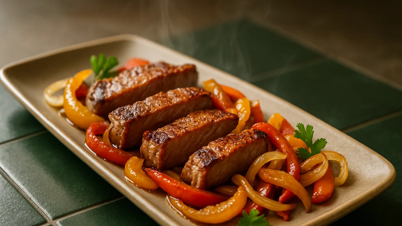 Rumpsteak-Paprika-Pfanne aus dem Airfryer mit Rumpsteak und Paprika, auf dunkelgrünen Fliesen angerichtet.