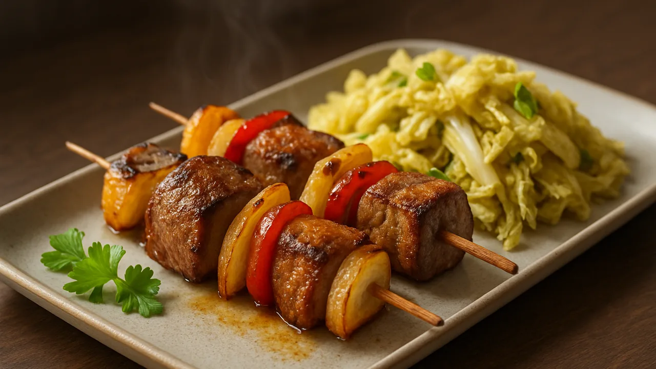 Rumpsteak-Spieße mit Chinakohl aus dem Airfryer mit Rumpsteak und Paprika, auf dunklem Walnussholz angerichtet.