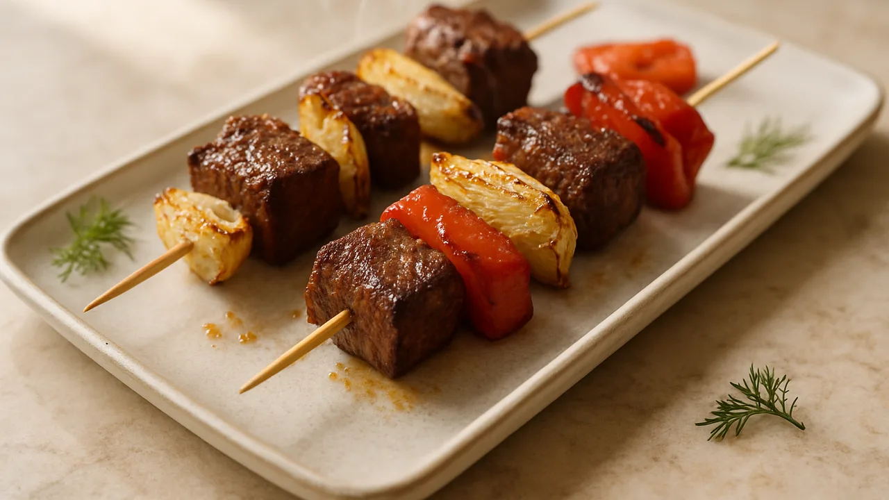 Rumpsteak-Spieße mit Fenchel aus dem Airfryer mit Rumpsteak und Fenchelknolle, auf beigem Marmor angerichtet.