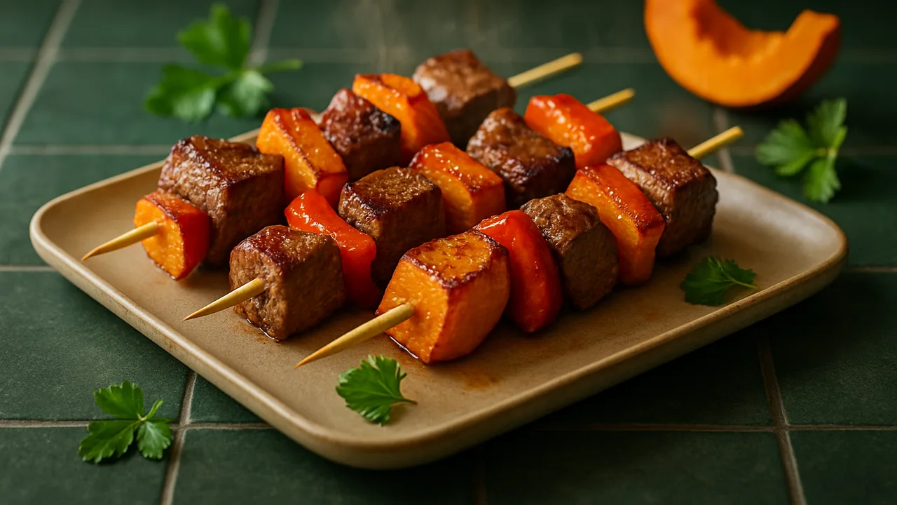 Rumpsteak-Spieße mit Kürbis aus dem Airfryer mit Rumpsteak und Hokkaido-Kürbis, auf dunkelgrünen Fliesen angerichtet.