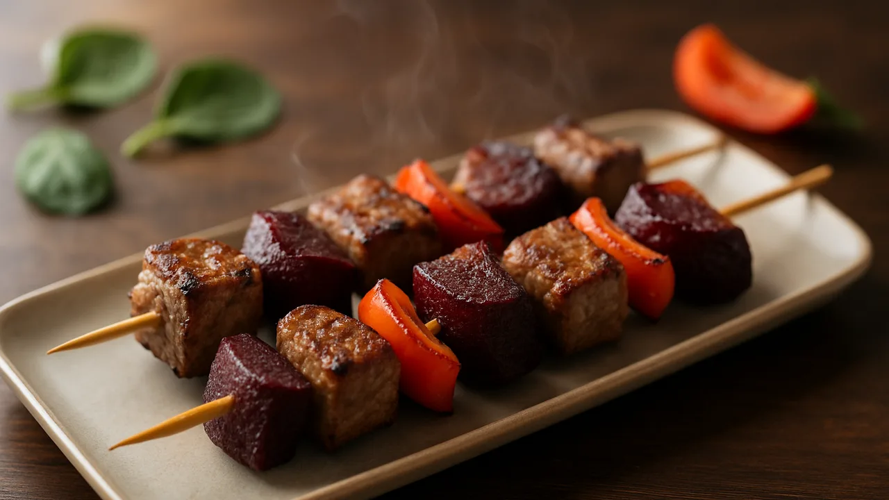 Rumpsteak-Spieße mit Rote Bete aus dem Airfryer mit Rumpsteak und Rote Bete, auf dunklem Walnussholz angerichtet.
