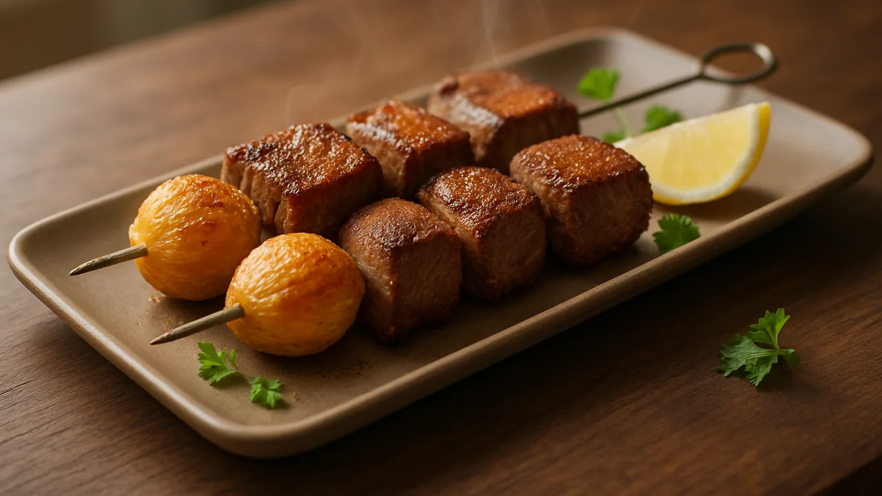 Rumpsteak-Spieße mit Schalotte aus dem Airfryer mit Rumpsteak und Schalotten, auf dunklem Walnussholz angerichtet.