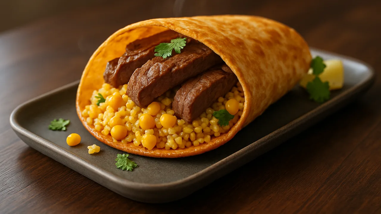 Rumpsteak Wrap mit Mais und Hirse aus dem Airfryer mit Rumpsteak und Hirse, auf dunklem Walnussholz angerichtet.