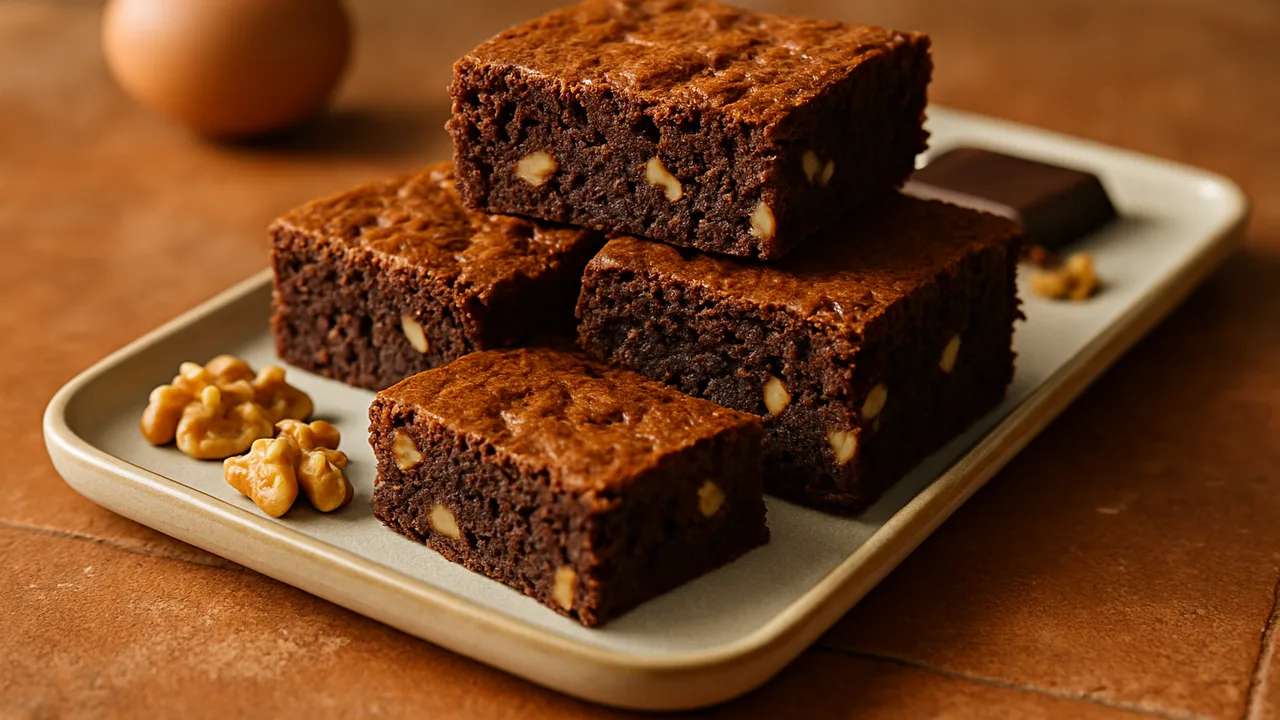 Saftige Brownies mit Walnüssen aus dem Airfryer mit Zartbitterschokolade und Butter, auf Terracotta-Fliesen angerichtet.
