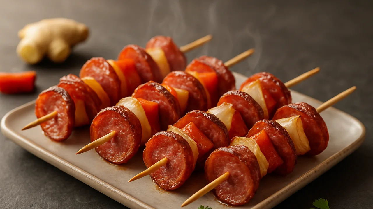 Salami-Spieße mit Ingwer aus dem Airfryer mit Salami und Paprika, auf dunklem Schiefer angerichtet.