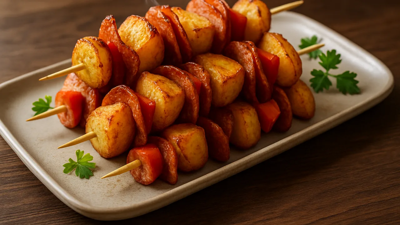 Salami-Spieße mit Kartoffel aus dem Airfryer mit Salami und Kartoffeln, auf dunklem Walnussholz angerichtet.