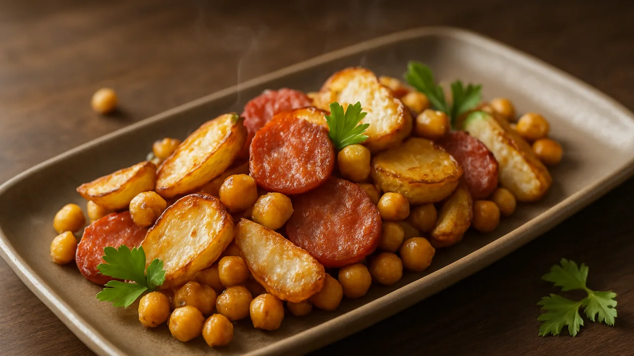 Salami-Topinambur-Pfanne aus dem Airfryer mit Salami und Topinambur, auf dunklem Walnussholz angerichtet.