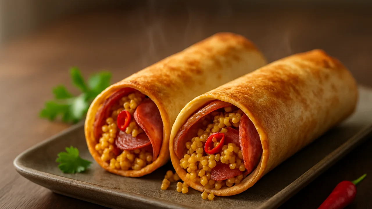 Salami Wrap mit Chili und Hirse aus dem Airfryer mit Tortilla-Wraps und Salami, auf dunklem Walnussholz angerichtet.
