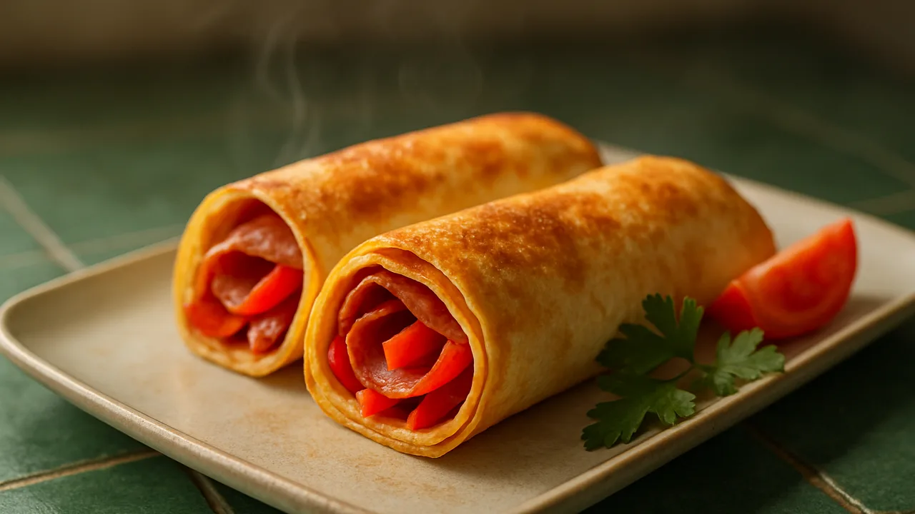 Salami Wrap mit Paprika und Tortilla aus dem Airfryer mit Tortilla-Wraps und Salami, auf dunkelgrünen Fliesen angerichtet.