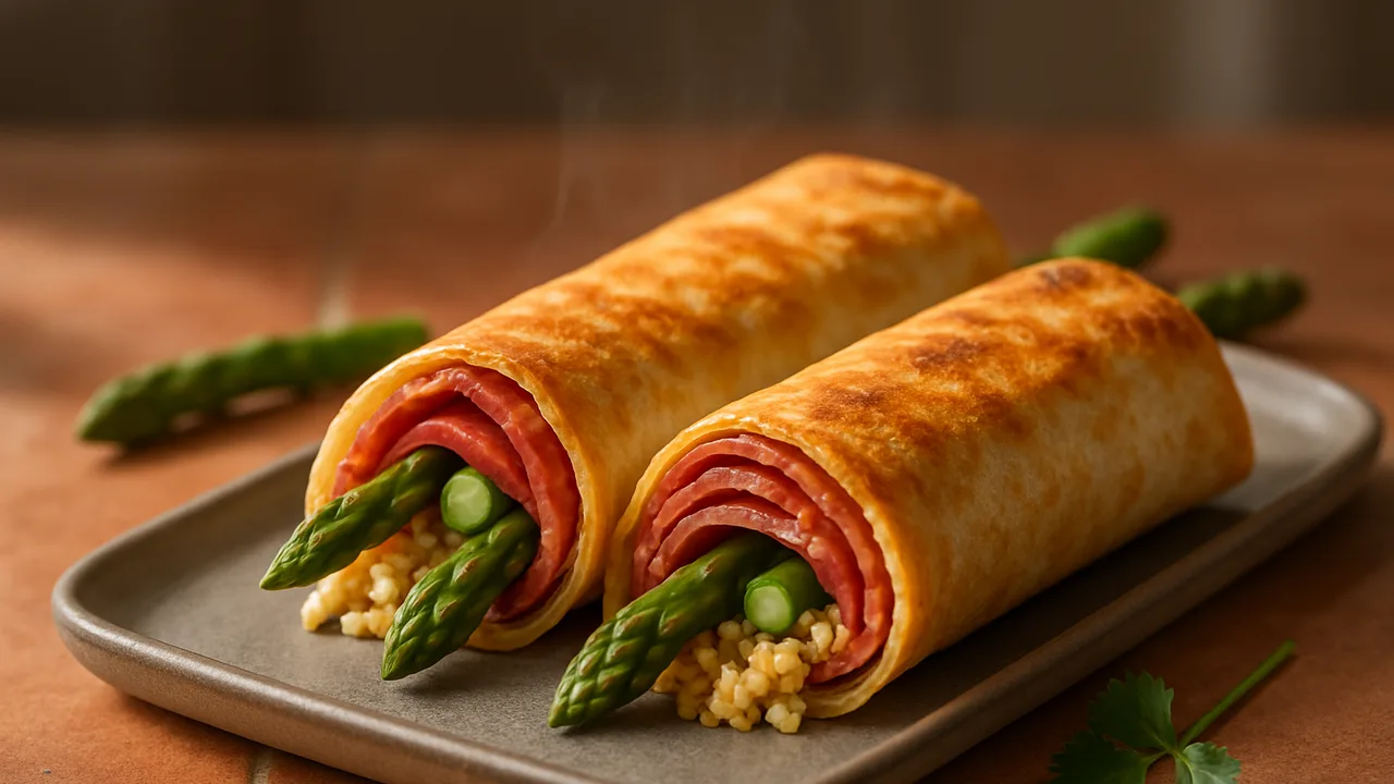 Salami Wrap mit Spargel und Couscous aus dem Airfryer mit Tortilla-Wraps und Salami, auf Terracotta-Fliesen angerichtet.