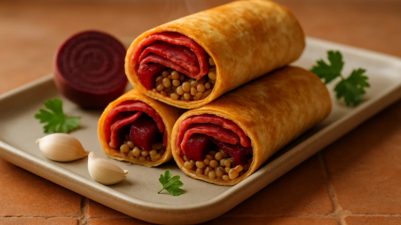 Salami Wrap mit Rote Bete und Buchweizen aus dem Airfryer mit Tortilla-Wraps und Rote Bete, auf Terracotta-Fliesen …