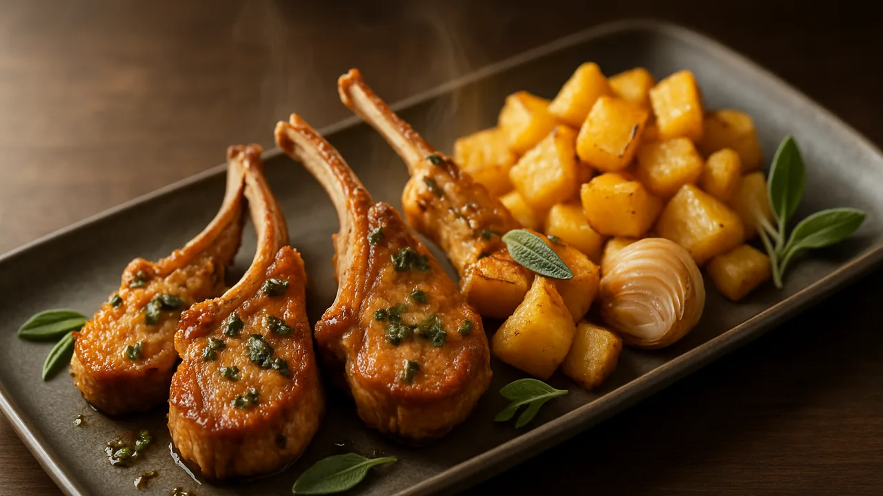 Salbei-Lammkotelett mit Steckrübe aus dem Airfryer mit Lammkoteletts und Steckrübe, auf dunklem Walnussholz angerichtet.