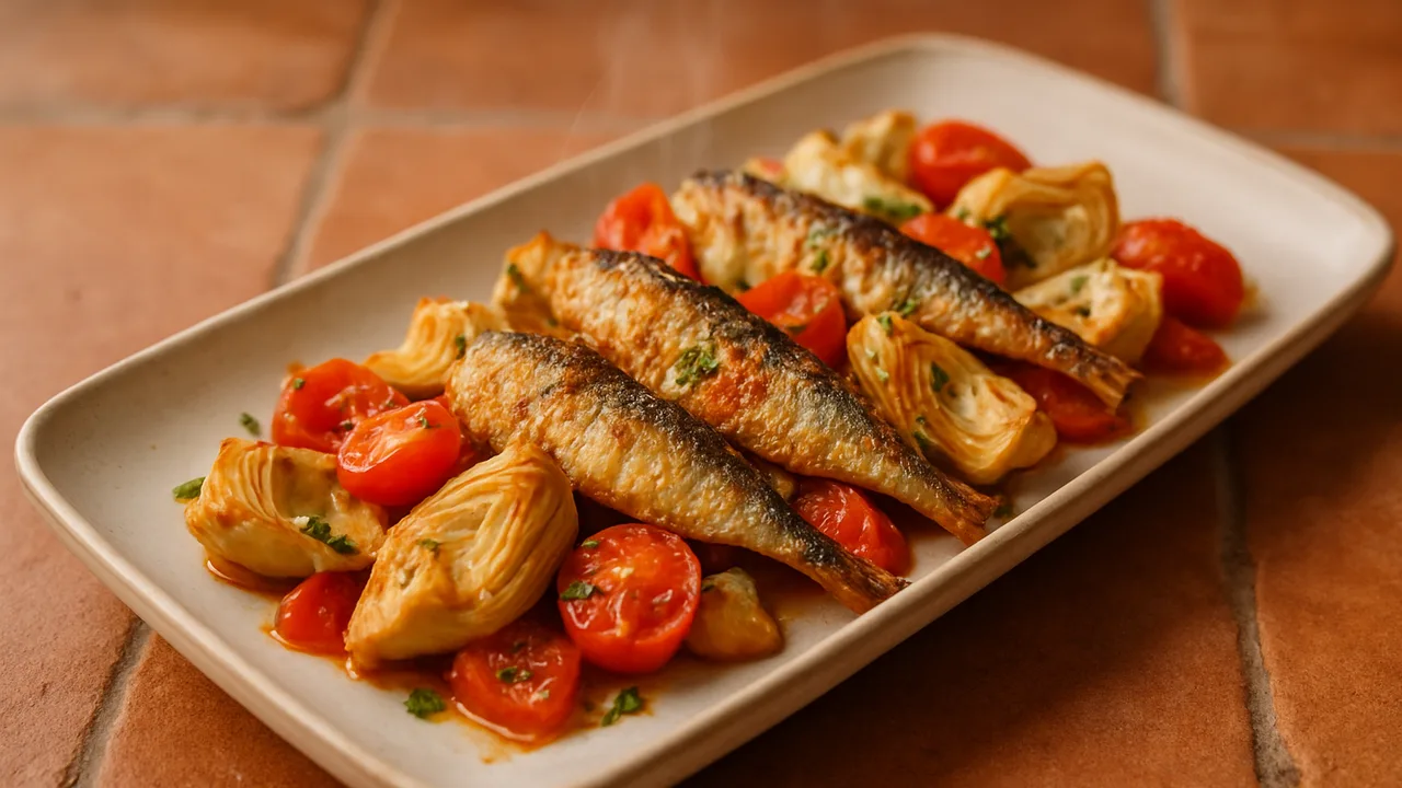 Sardinen-Artischocke-Pfanne aus dem Airfryer mit Sardinen aus der Dose und Artischockenherzen, auf Terracotta-Fliesen …
