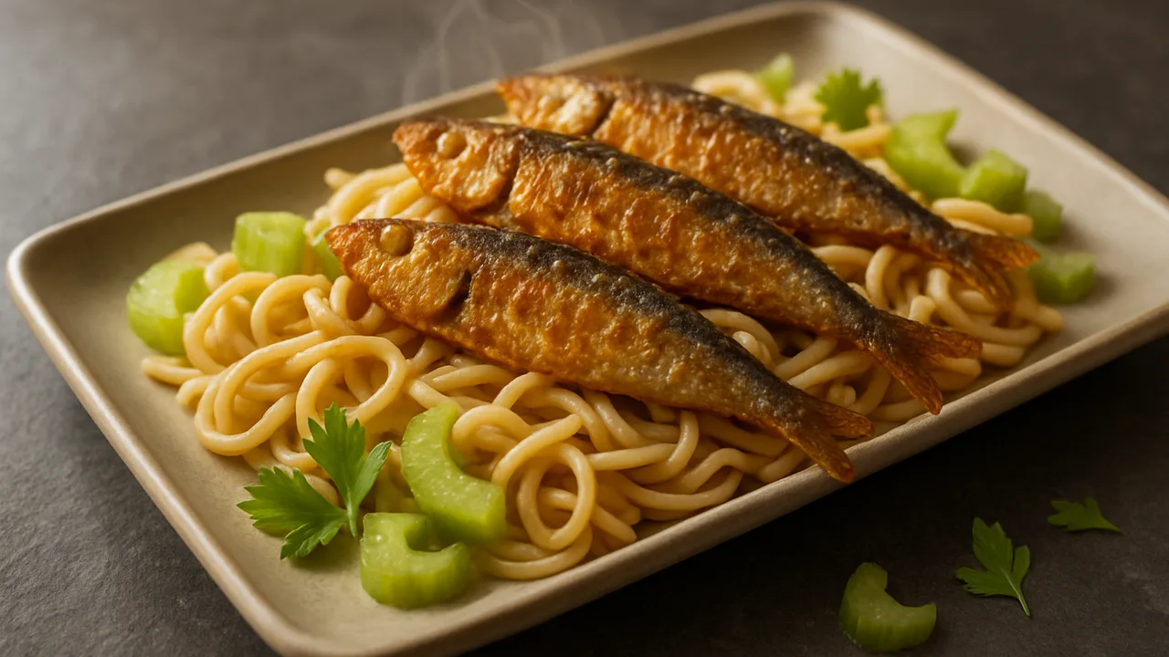 Sommerliche Sardinen-Bowl mit Nudeln und Sellerie aus dem Airfryer mit Frische Sardinen und Nudeln, auf dunklem Schiefer …