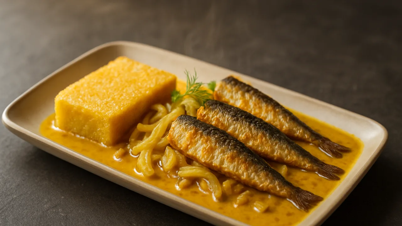 Sardinen Curry mit Fenchel und Polenta aus dem Airfryer mit Sardinenfilets und Fenchel, auf dunklem Schiefer angerichtet.