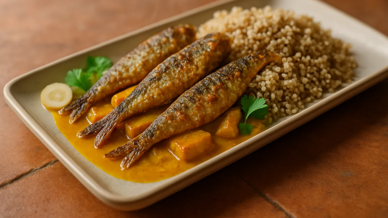Sardinen Curry mit Pastinake und Quinoa aus dem Airfryer mit Sardinen und Pastinake, auf Terracotta-Fliesen angerichtet.