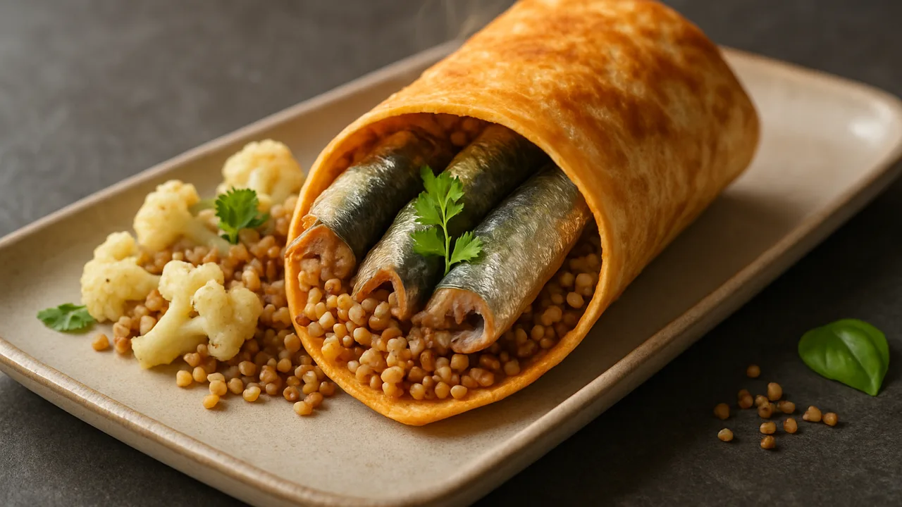 Sardinen Wrap mit Blumenkohl und Buchweizen aus dem Airfryer mit Sardinen in Olivenöl und Blumenkohlröschen, auf dunklem …