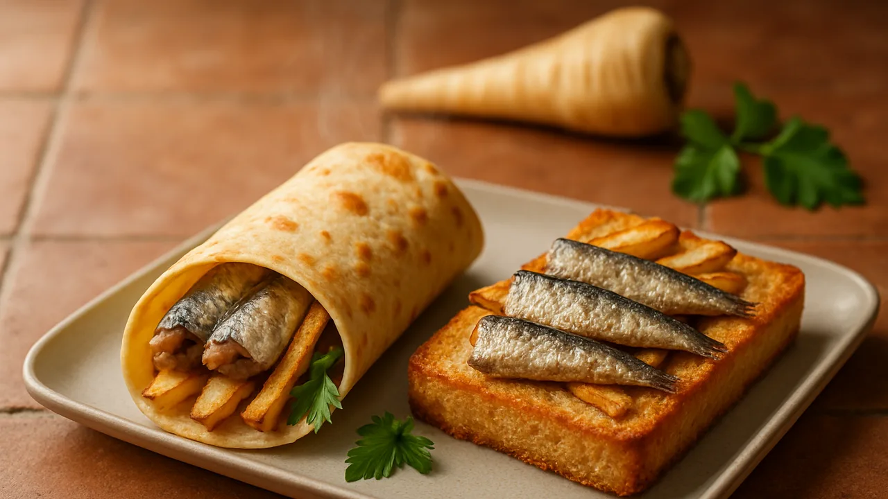 Sardinen Wrap mit Pastinake und Brot aus dem Airfryer mit Sardinen in Öl und Tortilla-Wraps, auf Terracotta-Fliesen …