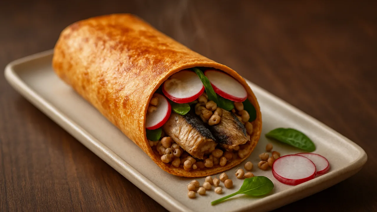 Sardinen Wrap mit Radieschen und Buchweizen aus dem Airfryer mit Buchweizen und Sardinen (aus der Dose, abgetropft), auf …