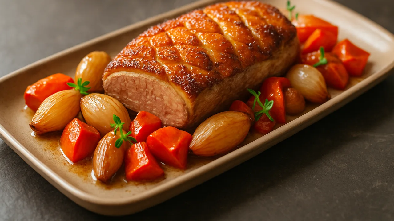 Schalotte-Entenbrust Auflauf aus dem Airfryer mit Entenbrust und Schalotten, auf dunklem Schiefer angerichtet.