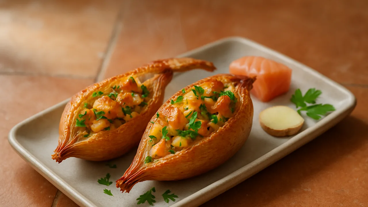Schalotte gefüllt mit Lachs und Kräutern aus dem Airfryer mit große Schalotten und Lachsfilet, auf Terracotta-Fliesen …