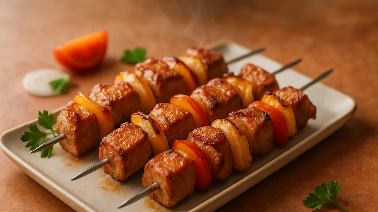 Schaschlik-Spieße mit Paprika und Zwiebeln aus dem Airfryer mit Schweinenacken und Paprika, auf Terracotta-Fliesen …