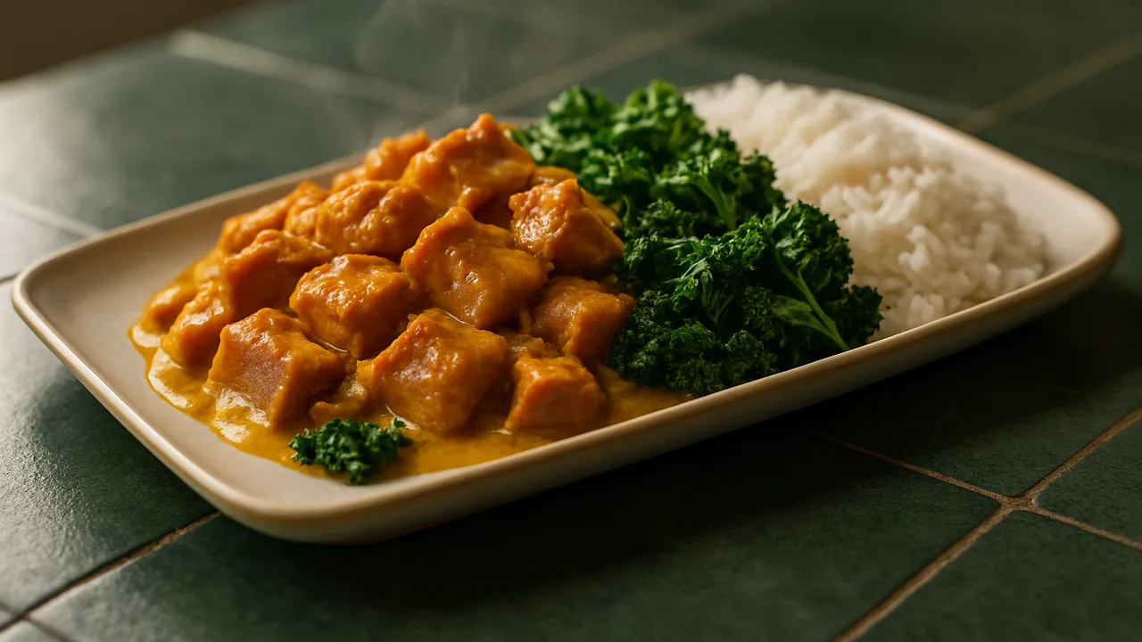 Schinken-Curry mit Grünkohl und Reis aus dem Airfryer mit Schinken und Grünkohl, auf dunkelgrünen Fliesen angerichtet.