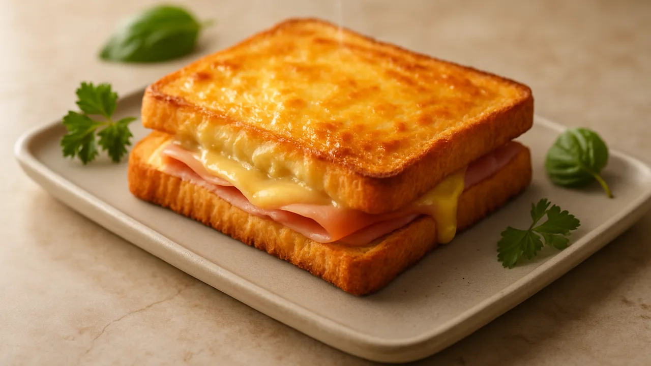 Schinken-Käse-Toast im Airfryer mit Toastbrot und Kochschinken (Scheiben), auf beigem Marmor angerichtet.
