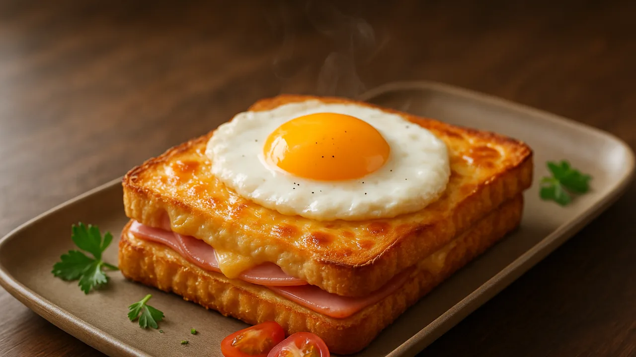 Schinken-Käse-Toast mit Spiegelei aus dem Airfryer mit Toastbrot und Schinkenscheiben, auf dunklem Walnussholz angerichtet.